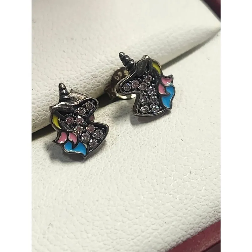 Sterling Silver Unicorn Stud Earrings with Pastel Enamel & Clear Rhinestones